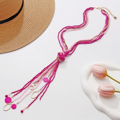 Coiris Long Seed Beaded Multi Strand Necklace,10 Multiple Statement Long Bib Necklace with Tie Knot for Women and Girls Jewelry - color: Rose