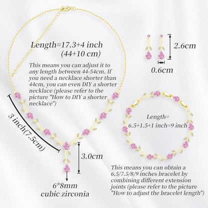 GZWHD Wedding Jewelry Sets for Bride Bridesmaid Women Cubic Zirconia Necklace Earrings Bracelet Set Gift for Mother Friend Wife Daughter Sister Party Prom Jewelry - color: Gold-Pink
