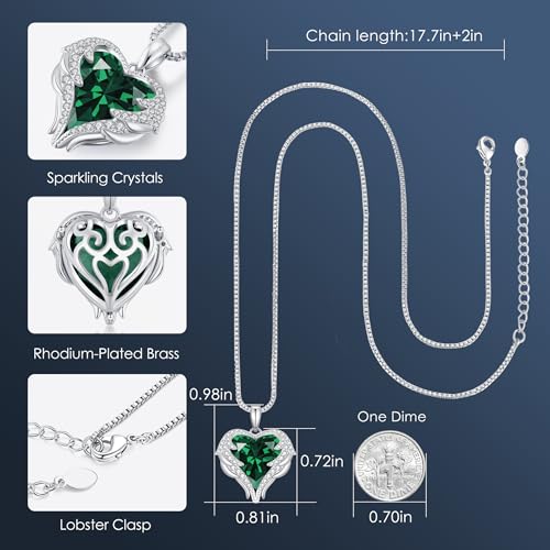 CDE Angel Wings Heart Birthstone Pendant Necklace Gift for Women | Silver/Gold Tone,Ideal Birthday & Anniversary Jewelry Gift for Wife,Girlfriend,Her - color: White-05-Emerald Green Birthstone
