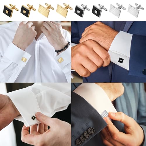 COMNICO 4 Pairs Cufflinks for Men Classic Tone Cuff Links Fashion Men Cufflinks Gold/Sliver Striped Disc Square Rectangle Cuff Links for Business Wedding Party Gift Box - color: square glod silver