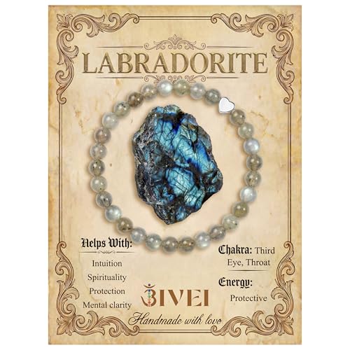Bivei Crystal Stretch 6mm Bracelets for Women | Handmade Natural Stone Beaded Stretch Bracelet, Stainless Steel Heart Bead, Tranquility Yoga Gift Jewelry for Women - color: Labradorite - Protective