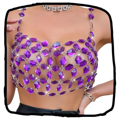 Rhinestones Body Chain Suit Silver Crystal Bikini Bra Underwear Sexy Sparkly Party Body Jewelry Accessories for Women - color: Purple