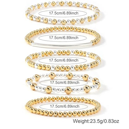 14K Gold Plated Beaded Bracelets Stack Set for Women,Stretch Boho Ball Jewelry Friendship Trendy - color: Gold silver