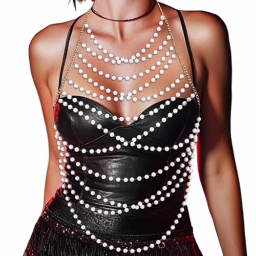 Zoestar Pearl Body Chain Layered Bikini Chest Chains Summer Beach Bra Accessories for Women