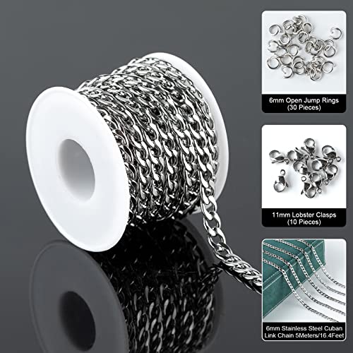 16.4 Feet Stainless Steel Curb Chains Chunky 6mm Twisted Links Necklace Chain Bulk with Open Jump Rings Lobster Clasps for Women Men Bracelet Jewelry Making - color: Twist_9x6mm
