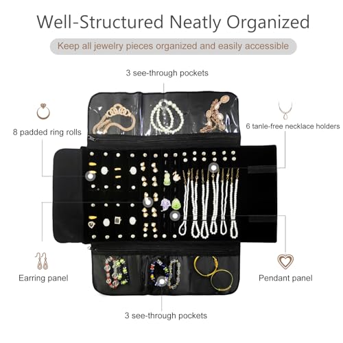 Velvet Travel Jewelry Case Roll Bag Organizer for Necklace Bracelet Earrings Ring - color: Black