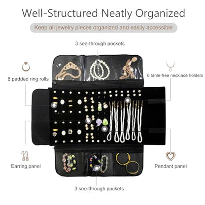 Velvet Travel Jewelry Case Roll Bag Organizer for Necklace Bracelet Earrings Ring - color: Black