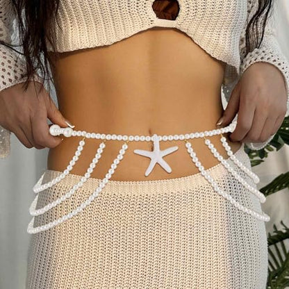 Florry Pearl Waist Chain Seashell Starfish Belly Chain Layered Waist Body Chains Summer Beach Party Club Body Accessories Jewelry for Women - color: Big Starfish