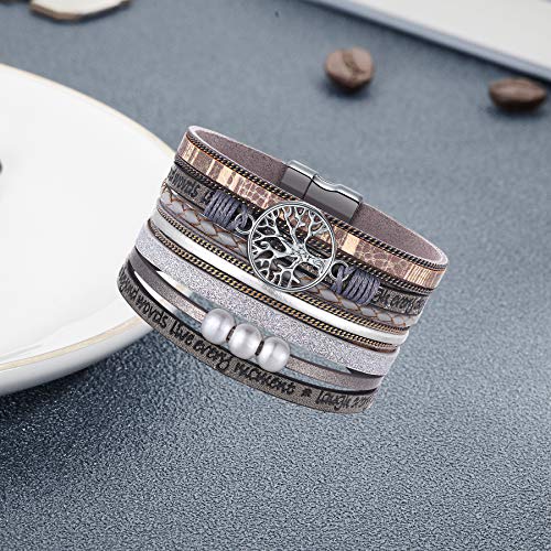 Desimtion Inspirational Tree of Life Boho Leather Wrap Bangle Bracelets for Women, Teen Girl Gifts Trendy Stuff, Fashion Accessories Jewelry Gifts for Women Girls - color: Grey