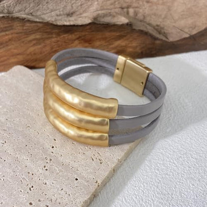 Bracelets for Women Leather Bracelet Multi-Layer Rope Wrap Bangle 14k Gold Plated Cirle Hollow Tube Boho Cuff Bangle Bracelets for Women Gift - style: Grey Leather Wrap