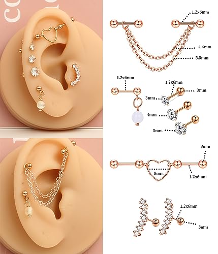 TIANCI FBYJS 7-16pcs 14G Stainless Steel Industrial Piercing Barbell Earring Cartilage Body Jewelry 38mm 1&1/2 Inch Industrial Piercing Bar for Women Men Snake Chain Dangle - color: rose gold