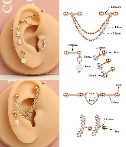 TIANCI FBYJS 7-16pcs 14G Stainless Steel Industrial Piercing Barbell Earring Cartilage Body Jewelry 38mm 1&1/2 Inch Industrial Piercing Bar for Women Men Snake Chain Dangle - color: rose gold