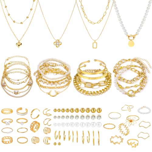NEWITIN 69 Pieces Gold Jewelry Set for Women Fashion Costume Jewelry Gold Plated Necklace Bracelet Earrings Set for Women - color: Gold Jewelry Set D
