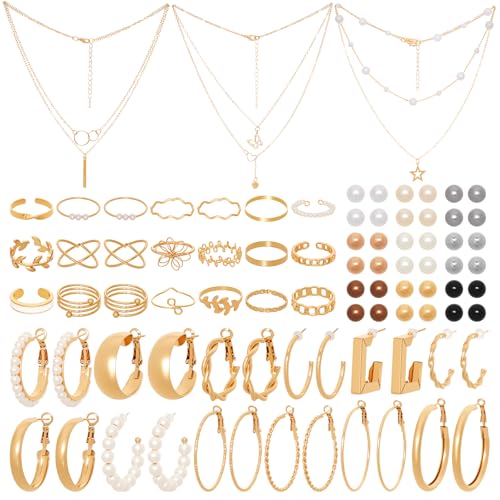 56 Pieces Gold Costumes Accessories Set for Women Layered Necklace Knuckle Rings Dainty Earrings Fashion Costume Jewelry Set for Valentine Anniversary