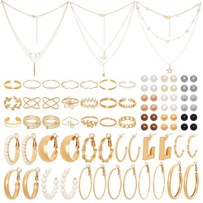 56 Pieces Gold Costumes Accessories Set for Women Layered Necklace Knuckle Rings Dainty Earrings Fashion Costume Jewelry Set for Valentine Anniversary
