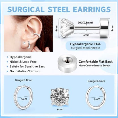Silver/Gold Stud Hoop Earrings:Hypoallergenic Surgical Stainless Steel Small Cartilage Huggie Hoop Earrings Flat Back Earrings Screw Back and Flatback Stud Earrings for Women Multiple Piercing Sensitive Ears - style: Silver-(6mm+6mm)hoop earrings+4mm cz s
