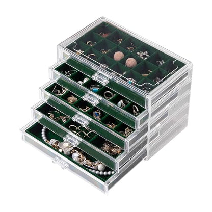 Acrylic Jewelry Organizer Earring Organizer Box with 5 Drawers Earring Holder Organizer with Velvet Trays Clear Jewelry Box for Women Earring Display for Rings Studs(Blackish Green) | 61 Jewelry Storage Grid for Rings Studs Bracelet,Velvet Lining,Transpar