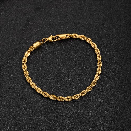 kelistom 18K Gold Silver Tone Rope Link Chain Bracelet for Women Men, 3mm 4mm Braided Rope Chain Bracelets, 7” 7.5” 8.3”, - size: 7.5", style: 4mm-gold