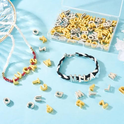 Beadthoven 104Pcs Full Letter Charms Acrylic A-Z Slider Charms Alphabet Letter Beads Golden Platinum Plated Initial Charm for DIY Necklace Choker Slide Wristbands Bracelets Jewelry Making Supplies