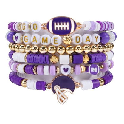 Ardorchid Halloween Bracelets for Women Pumpkin Ghost Steleton Bat Skull Beaded Stackable Stretchy Bracelet Rugby Thanksgiving Christmas Heishi Bracelets - color: Game Day-Purple