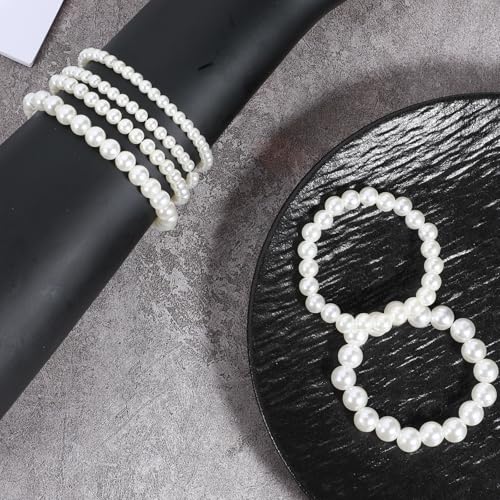 6 PCS White Pearl Bracelets, Elastic Faux Pearl Bracelet Stretch, Stackable Fake Pearls Bead Bracelets Bridesmaid for Women Daily Wear Bridal Wedding Party Gift (10/8/6/5 mm Pearl)