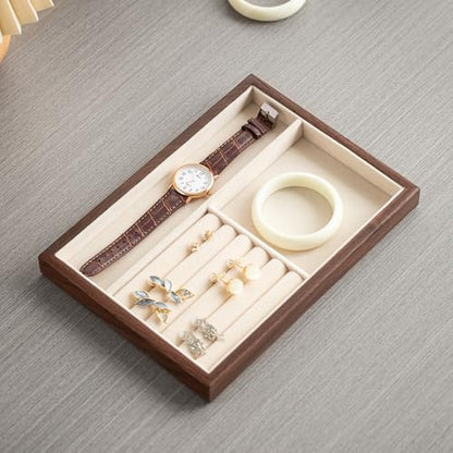 Black Walnut Wood Jewelry Tray with Velvet Lining, Multi-Functional Jewelry Organizer for Rings, Earrings, Necklaces & Bracelets, Drawer Jewelry Storage & Display Tray - color: 2grid+5 line
