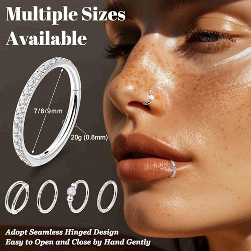 4PCS 18G 20G Surgical Steel Nose Ring Hoop for Women Men Hinged Double Nose Hoop CZ Opal Clicker Septum Nose Hoops Cartilage Conch Tragus Rook Ring Lip Daith Piercing Jewelry Gold Silver 7-9MM - color: Silver, size: 20G-9mm (Relatively Big)