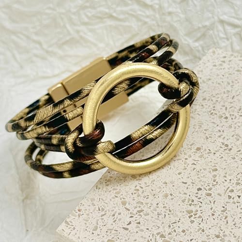 Bracelets for Women Leather Bracelet Multi-Layer Rope Wrap Bangle 14k Gold Plated Cirle Hollow Tube Boho Cuff Bangle Bracelets for Women Gift - style: Leopard Leather Bracelet