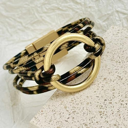 Bracelets for Women Leather Bracelet Multi-Layer Rope Wrap Bangle 14k Gold Plated Cirle Hollow Tube Boho Cuff Bangle Bracelets for Women Gift - style: Leopard Leather Bracelet