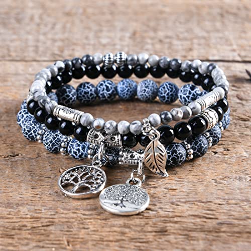 YGLINE Tree of Life Yoga Healing Stone Bracelets,Multilayer Lotus Chakra Stone Reiki Bracelet Sets,Anxiety Crystal Natural Stone,for Women Stress Relief - color: black wind fossilpicture jasper