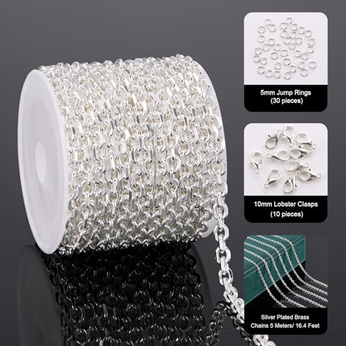 UMAOKANG 16.4 Feet Silver Plated Chain for Jewelry Making Cable Brass Metal Chains Bulk on Spool with Jump Rings Lobster Clasps - color: Silver Cable