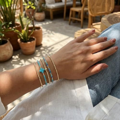 Gold Bracelets for Women, Beaded Cross Stack, Non Tarnish Set，Set-1 | Gold Beaded Bracelet Stack with Stretch Fit, Waterproof Finish and Dainty Design for Everyday Wear and Gifts - color: Colors-6