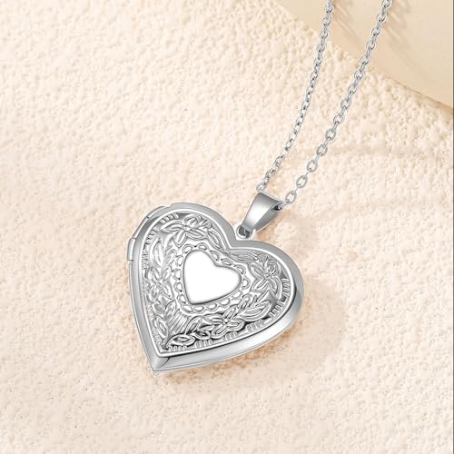 PHOCKSIN Personalized Locket Necklace for Women Photo Necklace with Customized Picture Birth Flower Birthstone Customizable Birthday Gifts - color: #07-Heart Silver Flower