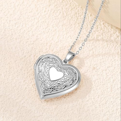 PHOCKSIN Personalized Locket Necklace for Women Photo Necklace with Customized Picture Birth Flower Birthstone Customizable Birthday Gifts - color: #07-Heart Silver Flower