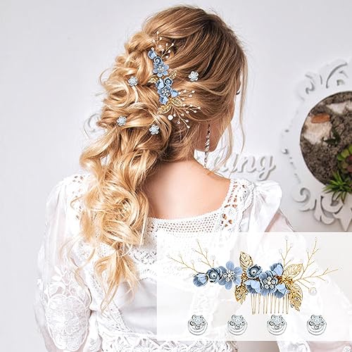 Cinaci 18 Pieces Bridal Wedding Party Prom Pearl Rhinestone Light Blue Flower Hair Side Combs Slides+U-shaped Flower Hair Pins+Twist Spiral Hairpins Floral Headpieces for Brides Bridesmaids Women Girl - color: Light Blue