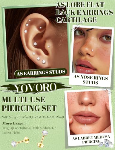 4Pairs 16G 18G G23 Titanium Flat Back Stud Earrings for Women Extended Internal Thread Cartilage Earrings Hypoallergenic Conch Helix Tragus Stud Lip Labret Medusa Nose Piercing Jewelry - color: Gold, size: 16G(1.2mm)