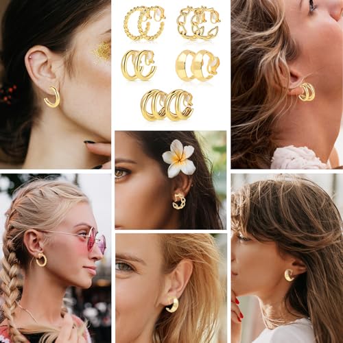 5 Pairs Gold Clip On Hoop Earrings for Women, Stylish Chunky Gold Hoops Earrings Set Golden Clip on Earring No Piercing Fake Earring Set