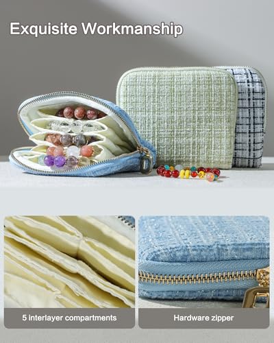 Travel Jewelry Pouch, 5-Layer Tweed Pouch, Blue | Anti-Scratch, Tangle-Free, Bracelets Earrings Necklaces, YKK Zipper Ring Pull, Tweed Fabric, Travel Jewelry Case, Gift - color: WOVEN-Blue