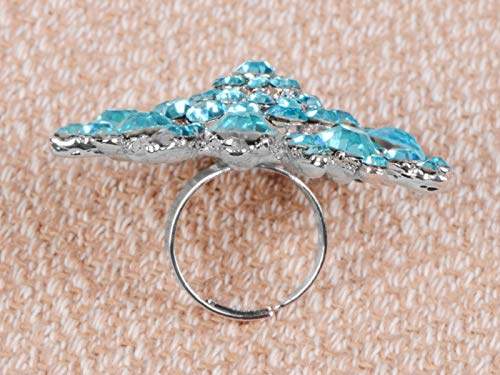 Alilang Adustable Silver Blue Purple Iridescent Crystal Rhinestones Snowflake Flower Floral Ring - color: Blue