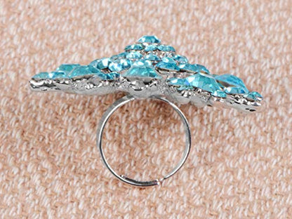 Alilang Adustable Silver Blue Purple Iridescent Crystal Rhinestones Snowflake Flower Floral Ring - color: Blue