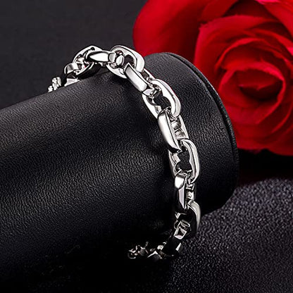 H&Beautimer Solid 925 Silver Bracelet Italian Handmade 0.35/0.4 Inch Box Chain Bracelet for Men's 7,7.5,8,8.5,9,9.5,10 Inch Hip Hop Style Jewelry - color: Oval, size: 8.5 inches