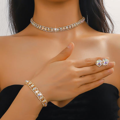 Women Rhinestone Crystal Jewelry Set Crystal Tennis Design Rhinestone Choker Necklace Link Bracelet Teardrop Earrings Set Wedding Bridal Bridesmaids Party - color: Gold Plated AB Crystal（2）