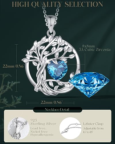 FANCIME Tree of life Birthstone necklace Sterling Silver Pendant Birthstone Necklace Gemstone Anniversary Birthday Jewelry Mothers Day Gifts for Mom Her Wife - color: Dec.-Blue Topaz