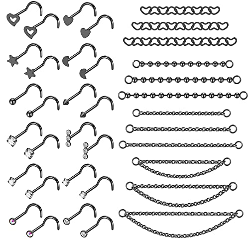 20G Stainlesss Steel Nose Rings Stud Nose Chain Piercing Across Double Nose Stud Womens Nostril Piercing Jewelry - color: Screw Shaped Black