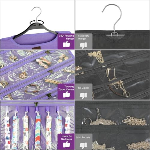SMRITI Hanging Jewelry Organizer with Dual Zippered Pockets Canvas Double Sided Rotating Hanger Necklace Hanging Wall Organizer Earring Dustproof Holder Wall Mount Accessories Display Bag(Purple) - color: Purple