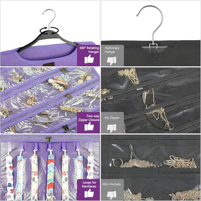 SMRITI Hanging Jewelry Organizer with Dual Zippered Pockets Canvas Double Sided Rotating Hanger Necklace Hanging Wall Organizer Earring Dustproof Holder Wall Mount Accessories Display Bag(Purple) - color: Purple