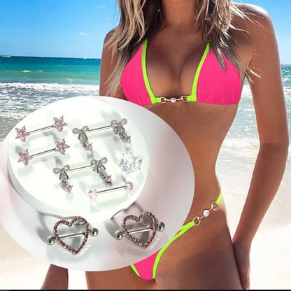 TIANCI FBYJS 6 Pairs 14G Nipple Rings for Women 316L Stainless Steel Heart Bow CZ Flower Barbell Nipple Rings Set Cute Nipplerings Piercing Jewelry - color: pink
