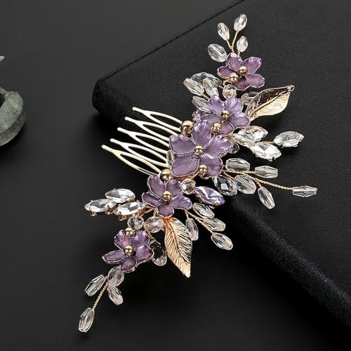 Flower Leaf Design Wedding Hair Comb, Metal Bridal Hair Accessory with Rhinestone, Wedding Prom Hair Clip Headpiece for Women (Gold Purple Flower) - color: Gold Purple Flower