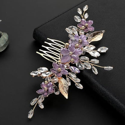Flower Leaf Design Wedding Hair Comb, Metal Bridal Hair Accessory with Rhinestone, Wedding Prom Hair Clip Headpiece for Women (Gold Purple Flower) - color: Gold Purple Flower