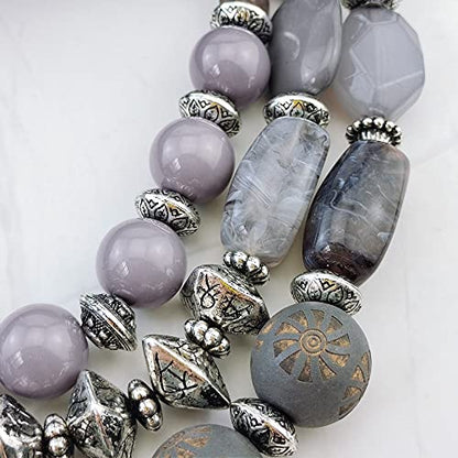 Bocar 3 Layer Chunky Statement Beaded Necklace and Earrings Set, Fashion Multi Layer Women Collar Necklace Jewelry Set - color: Lavender Gray